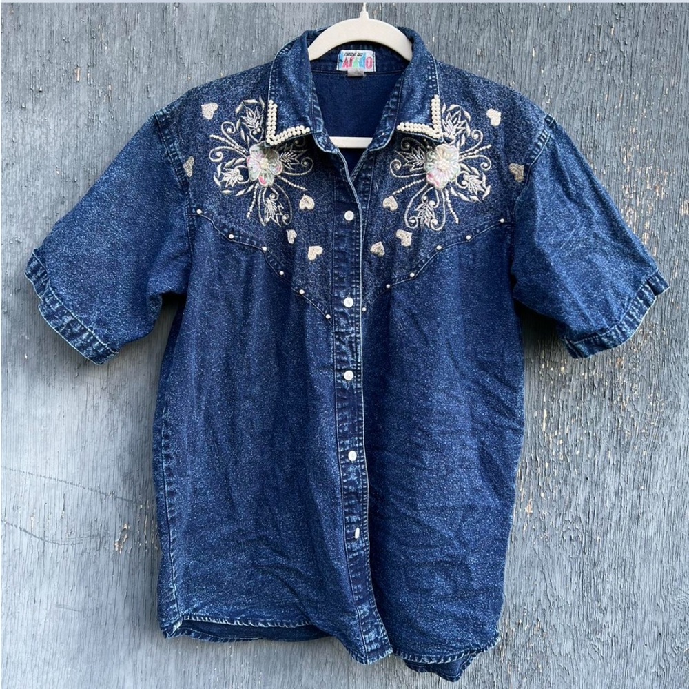 Denim Shirt with Colorful Embroidered button up